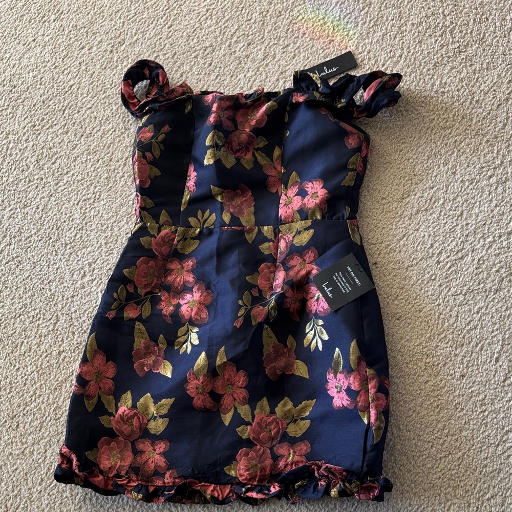 Lulu's Pop the Bottle Navy Blue Floral Jacquard Ruffled Mini Dress
